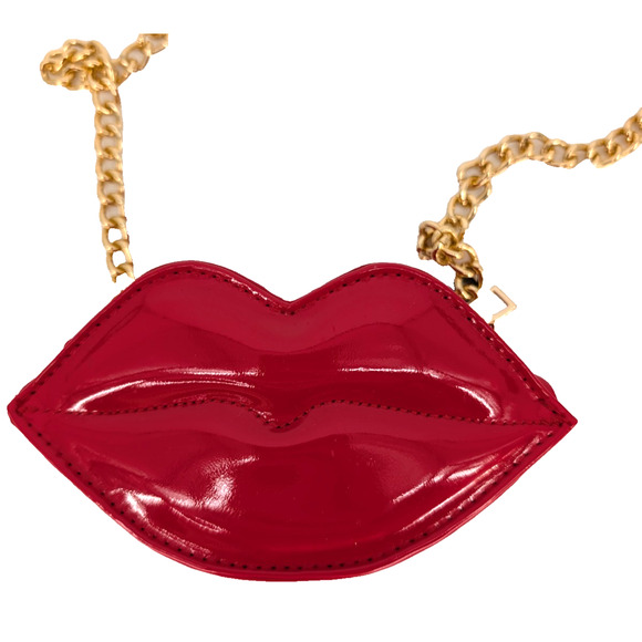 Anthropologie Glossy Red Patent Leather Lips Chain Strap Mini Handbag Retro Glam - Picture 5 of 14